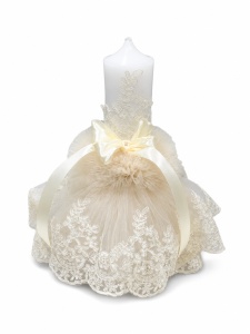 Lumânare botez Ivory Lace Personalizabilă | Ceară Naturală | Dantelă Crem și Fundă Satinată | Pentru Fete | 35x6 cm