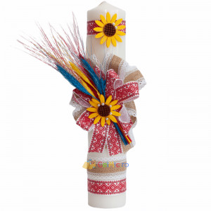 Lumanare traditionala botez cu spice de grau colorate si panglica stil traditional - 40x7 cm- LPB-92