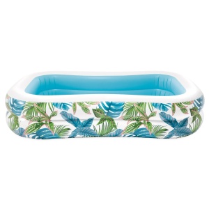Piscină gonflabilă dreptunghiulară Intex Tropical Swim Center, cu interior bleu și exterior cu frunze tropicale