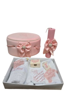 Set botez complet personalizabil pentru fetiță Angel RoseRoz Pudrat | Lumânare din ceară naturală | Trusou 7 piese și cutie catifea
