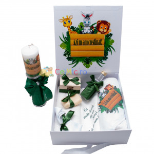 Set Botez Personalizat Trusou 8 piese + Lumanare - "Cu drag de la nasi" - Zoo, Verde - SPB-52