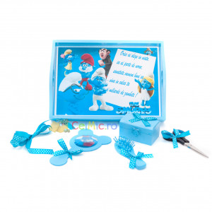 Tavita mot cu 6 piese bleu cu fundite bleu cu buline - Strumfi - 35x20 cm - TPM-74