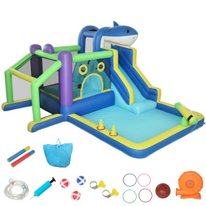 Aiyaplay Castel Gonflabil 4-în-1 pentru Copii, include Trambulină, Tobogan, Piscină, Poarta de Fotbal, cu Suflantă și Mingi Incluse, Multicolor