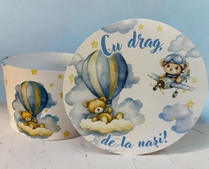 Cutie trusou botez colorata, 30x30 cm, Ursulet Zburator , albastra - CPT-36