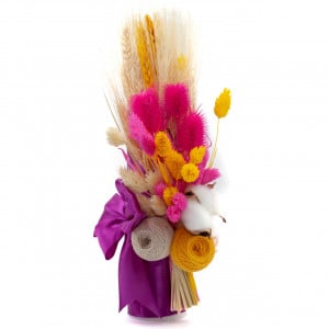 Lumanare botez cu flori uscate si spice de grau, Roz 35x5 cm- LPB-189