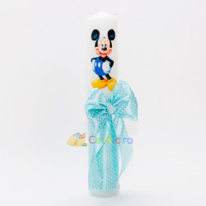 Lumanare botez cu panglica cu buline, funda si margele - Mickey, Turcoaz, 35x5 cm - LPB-281