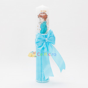 Lumanare botez cu panglica, funda si margele - Ingeras, Bleu, 35x5 cm - LPB-272
