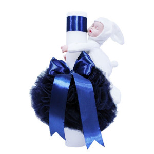 Lumanare botez cu tulle bleumarin si funda - Iepuras alb - 30x5 cm - LPB-148