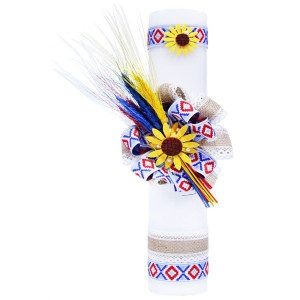 Lumanare traditionala botez cu spice de grau colorate si panglica stil traditional - 40x7 cm- LPB-89