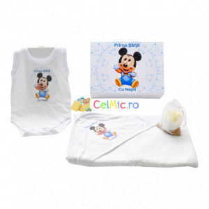 Set de baie "Prima Baita" pentru bebelusi, cu 4 piese, din bumbac, imprimat cu Mickey Mouse, Albastru - SDB-28