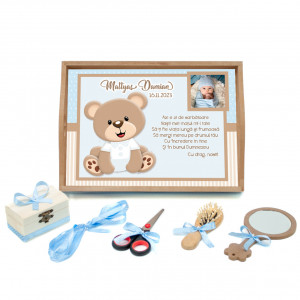 Tavita mot cu 6 piese cu fundite bleu cu buline - Ursulet cu poezie - 35x20 cm - TPM-88