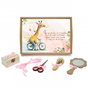 Tavita mot cu 6 piese cu fundite roz cu buline - Girafa pe bicicleta - 35x20 cm - TPM-104