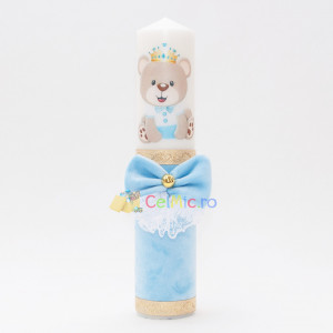 Lumanare botez cu catifea, papion, dantela si puf alb - Ursuletul Print, Bleu, 35x7 cm - LPB-291