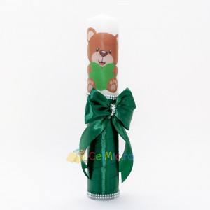 Lumanare botez cu panglica, funda si margele - Ursuletul Iubitor, Verde, 35x5 cm - LPB-269