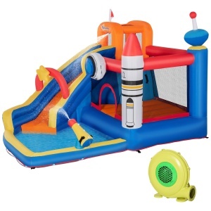 Outsunny Castel Gonflabil 5-în-1 Model Narval, Centru de Joacă cu Tobogan, Trambulină, Perete de Cățărat și Piscină cu Bile, include Suflantă, pentru Copii 3-8 Ani