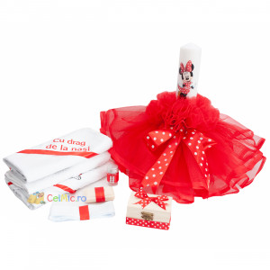 Set Botez, Lumanare cu volane si Trusou 6 piese, Minnie Mouse, Rosu- SPB-16