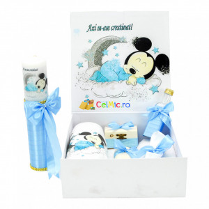 Set Botez Personalizat Trusou 8 piese + Lumanare - "Cu drag de la nasi" - Luna Mickey, Bleu - SPB-63