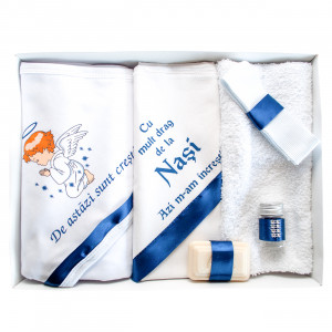Trusou botez cu 6 piese personalizat cu text imprimat - "Azi m-am increstinat"- Bleumarin - TPB-95