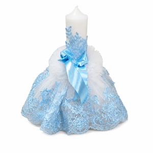 Lumânare botez personalizabilă pentru băiețel Blue Royal Lace | Dantelă bleu și fundă satinată | 35x6 cm