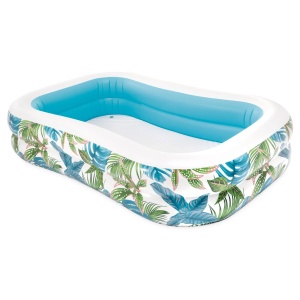 Piscină gonflabilă Intex Tropical Swim Center văzută din lateral, cu pereți albi și imprimeu tropical colorat