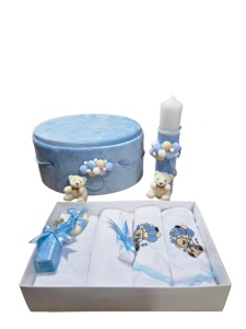 Set Botez Personalizabil pentru Băiețel | Trusou 7 Piese + Cutie Rotundă Buretată Catifelată Bleu + Lumânare | Ursuleț cu Baloane Bleu