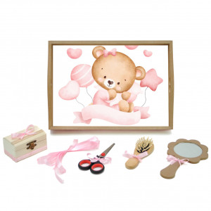 Tavita mot cu 6 piese cu fundite roz cu buline - Ursulet cu baloane - 35x20 cm - TPM-97