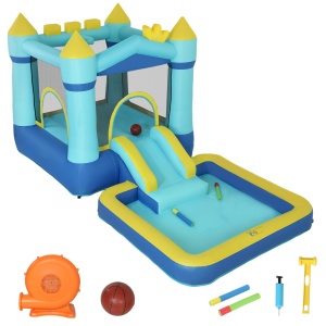 Castel Gonflabil cu Tobogan, Trambulină și Piscină, include Pistol cu Apă și Suflantă, Centru de Joacă 4-în-1 pentru Exterior, 364x173x182cm