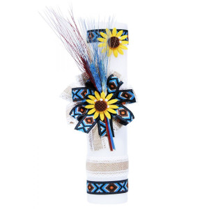 Lumanare traditionala botez cu spice de grau colorate si panglica stil traditional - 40x7 cm- LPB-90