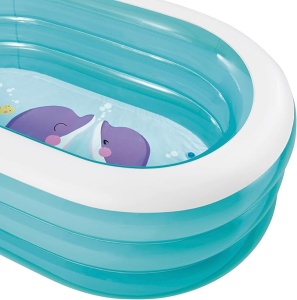 Detaliu margine albă și pereți turcoaz ai piscinei gonflabile Intex Sea Friends
