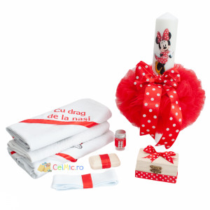 Set Botez, Lumanare cu tulle si Trusou 6 piese, Minnie Mouse, Rosu- SPB-15