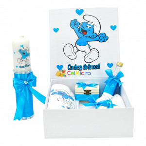 Set Botez Personalizat Trusou 8 piese + Lumanare - "Cu drag de la nasi" - Strumfi, Turcoaz - SPB-58