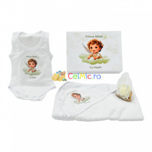 Set de baie "Prima Baita" pentru bebelusi, cu 4 piese, din bumbac, imprimat cu Ingeras, Crem - SDB-24