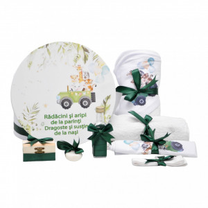Trusou botez personalizat cu 8 piese - Safari Jeep, Verde - SPB-76