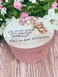 Cutie trusou botez colorata, 30x30 cm, Ursulet cu balonase , Roz - CPT-40