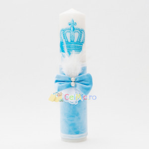 Lumanare botez cu catifea, papion, dantela si puf alb - Coroana Regala, Bleu, 35x7 cm - LPB-285