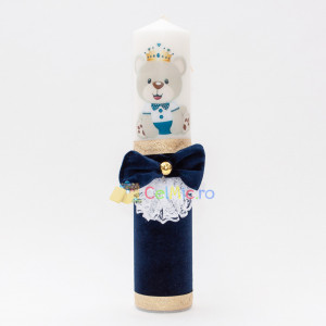 Lumanare botez cu catifea, papion, dantela si puf alb - Ursuletul Print, Bleumarin, 35x7 cm - LPB-292