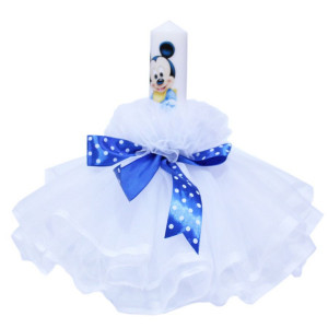 Lumanare botez cu volane si funda albastra - Mickey Mouse - 30x5 cm - LPB-105