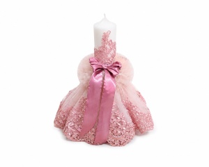 Lumânare botez personalizabilă pentru fetiță Princess Lace | Dantelă roz pudrat și fundă satinată | 35x6 cm