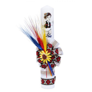Lumanare traditionala botez cu imprimeu taranus, panglica traditionala si spice de grau colorate - 35x5 cm- LPB-77