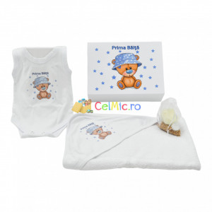 Set de baie "Prima Baita" pentru bebelusi, cu 4 piese, din bumbac, imprimat cu Ursulet, Albastru - SDB-29