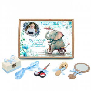 Tavita mot cu 6 piese cu fundite bleu cu buline - Elefantul pe bicicleta - 35x20 cm - TPM-103