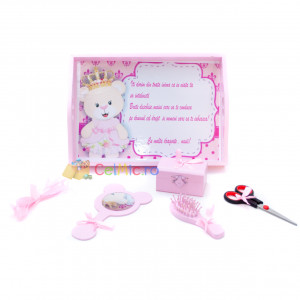 Tavita mot cu 6 piese roz cu fundite roz cu buline - Ursulet Regina - 35x20 cm - TPM-66