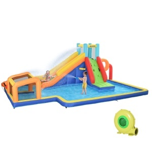 Outsunny Castel Gonflabil cu Tobogan, Perete de Cățărare, Tun de Apă, Inel de Baschet și Poartă de Fotbal, 590x460x220 cm, Multicolor