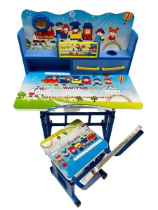 Set Birou și Scaun Reglabil pentru Copii, PAL MDF, Design Educațional (Alfabet & Tabla Înmulțirii), Culori Vii, Spațiu Depozitare, 69x45x65 cm, Wait For Me, Albastru- MSP-71