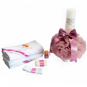 Set Botez, Lumanare cu tulle si Trusou 6 piese, Roz Pudrat - SPB-36