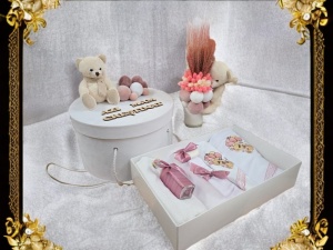 Set Botez Personalizat Trusou 8 piese in cutie rotunda + Lumanare - "Azi m-am crestinat" - Ursulet, Roz pudra - SPB-103