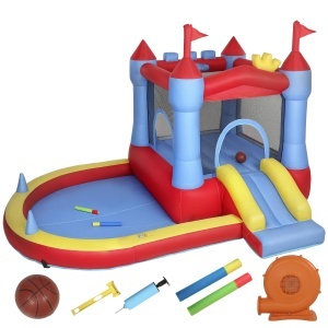 Castel Gonflabil cu Tobogane, Trambulină și Piscină cu Bile, include Suflantă, Centru de Joacă 4-în-1 pentru Exterior și Interior, Multicolor