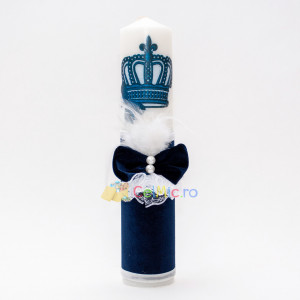 Lumanare botez cu catifea, papion, dantela si puf alb - Coroana Regala, Bleumarin, 35x7 cm - LPB-286