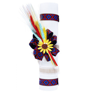 Lumanare traditionala botez cu spice de grau colorate si panglica stil traditional - 40x7 cm- LPB-91