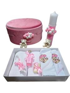 Set Botez Personalizabil pentru Fetiță | Trusou 7 Piese + Cutie Rotundă Buretată Catifelată Roz + Lumânare | Ursuleț cu Baloane Roz